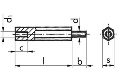 Abstandsbolzen mit Innen- und Außengewinde - Stahl - verzinkt blau - Schlüsselweite 5,5 - M3 X 6-3-6 - mit Gewindefreistich